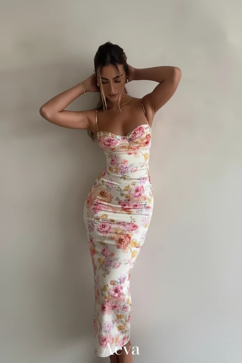 Robe Bretelles Spaghetti Florales Femme – Slim Fendue, Longueur Cheville, Style Plage