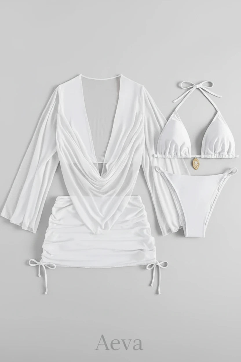Ensemble Bikini 4 Pièces Femme – Maillot Taille Haute avec Paréo Transparent