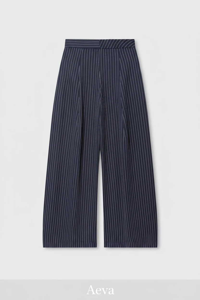 Pantalon Baggy Femme – Large Plissé Rayé, Taille Haute, Style Bureau Chic