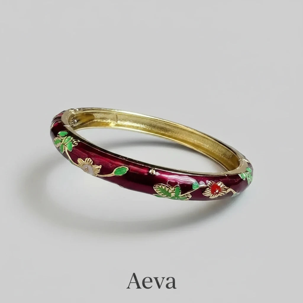 Bracelet Émail Cloisonné Femme – Double Jonc Pivoine, Style Vintage Ethnique