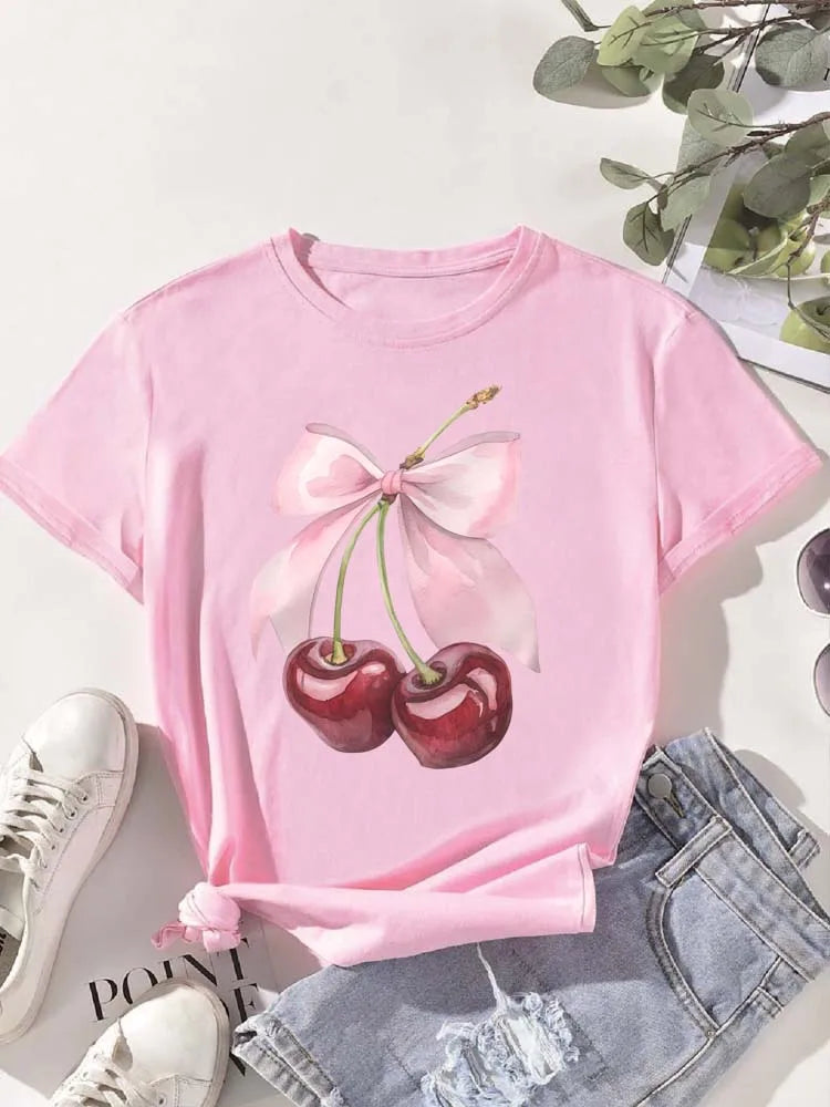 T-Shirt Cerise Imprimé Femme – Col Rond, Manches Courtes