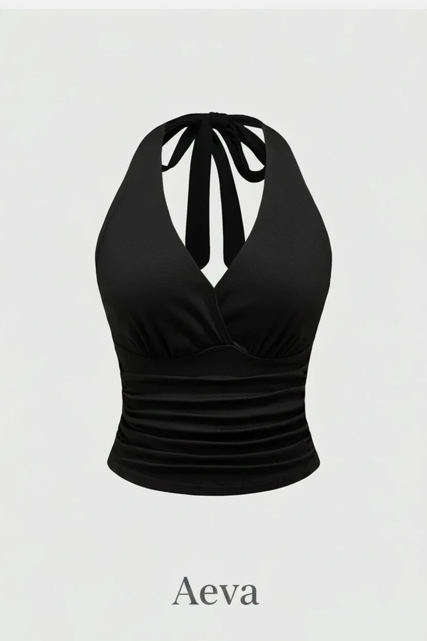 Haut Court Dos Nu Femme – Col Licou Froncé Sans Manches Style Y2K