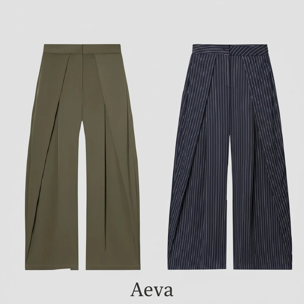 Pantalon Baggy Femme – Large Plissé Rayé, Taille Haute, Style Bureau Chic