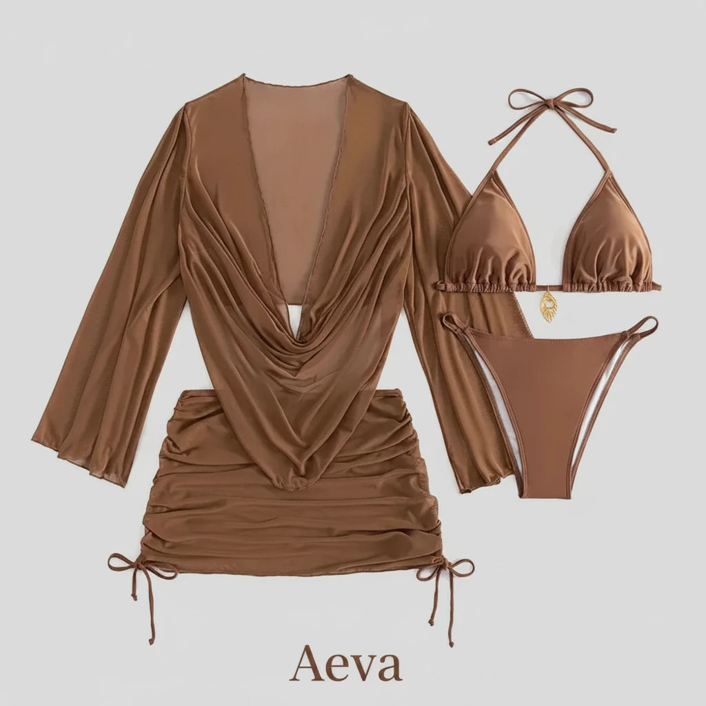 Ensemble Bikini 4 Pièces Femme – Maillot Taille Haute avec Paréo Transparent