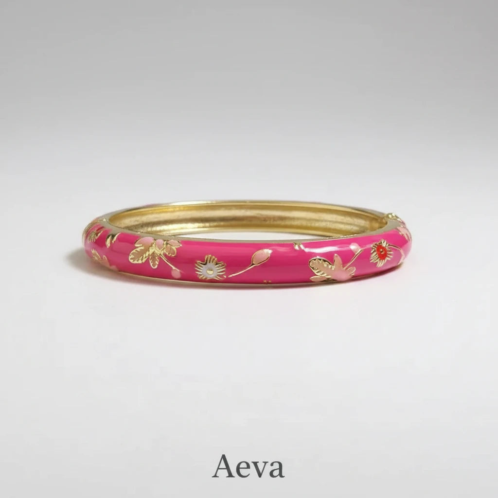 Bracelet Émail Cloisonné Femme – Double Jonc Pivoine, Style Vintage Ethnique