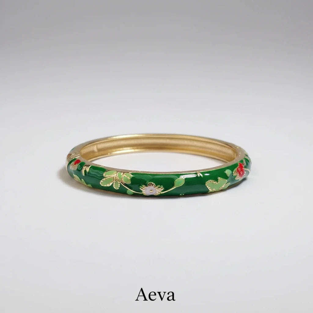 Bracelet Émail Cloisonné Femme – Double Jonc Pivoine, Style Vintage Ethnique