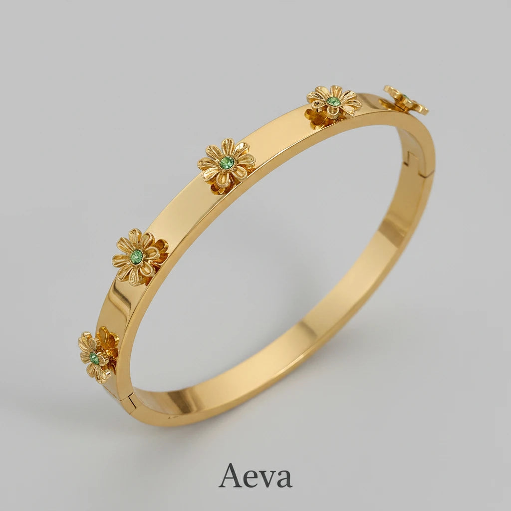 Bracelet Manchette Acier Inoxydable – Fleurs & Strass, Mixte | Étanche