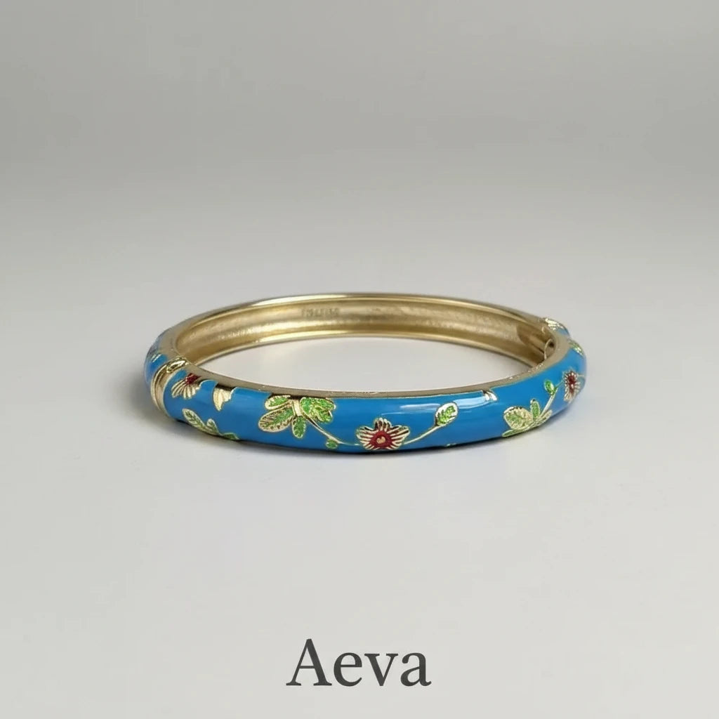 Bracelet Émail Cloisonné Femme – Double Jonc Pivoine, Style Vintage Ethnique