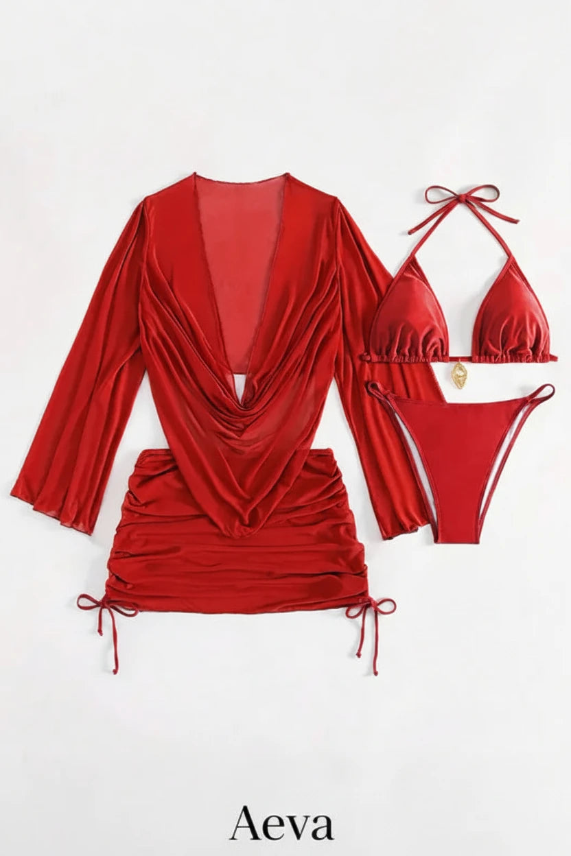 Ensemble Bikini 4 Pièces Femme – Maillot Taille Haute avec Paréo Transparent