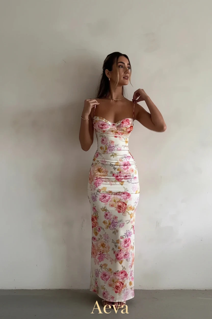 Robe Bretelles Spaghetti Florales Femme – Slim Fendue, Longueur Cheville, Style Plage