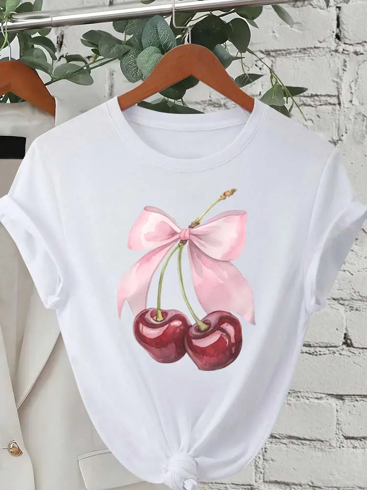 T-Shirt Cerise Imprimé Femme – Col Rond, Manches Courtes
