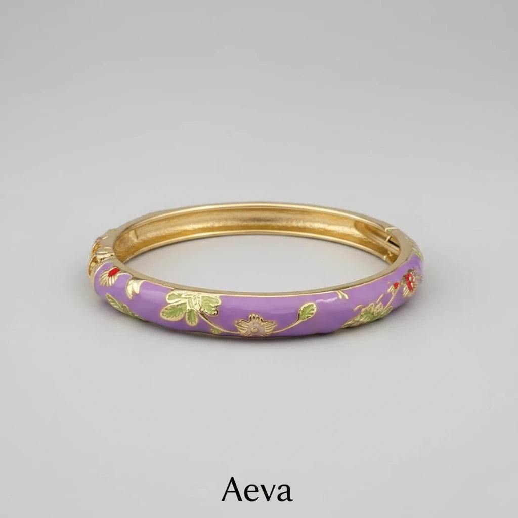 Bracelet Émail Cloisonné Femme – Double Jonc Pivoine, Style Vintage Ethnique