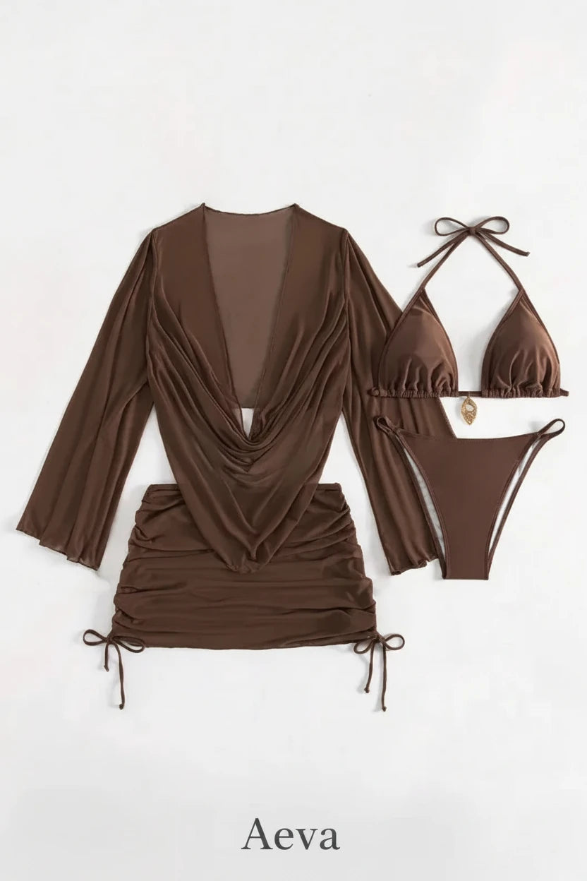 Ensemble Bikini 4 Pièces Femme – Maillot Taille Haute avec Paréo Transparent
