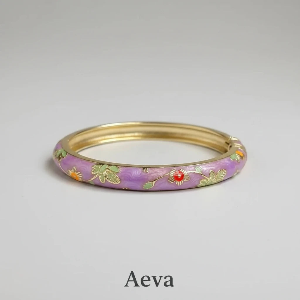 Bracelet Émail Cloisonné Femme – Double Jonc Pivoine, Style Vintage Ethnique
