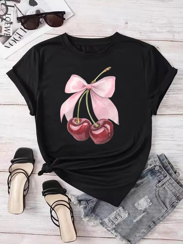 T-Shirt Cerise Imprimé Femme – Col Rond, Manches Courtes