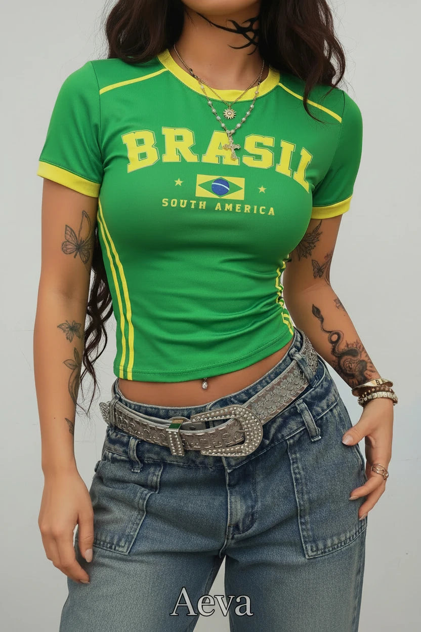 T-Shirt Femme Imprimé Drapeau Brésil – Col Rond, Manches Courtes, Style Supporter