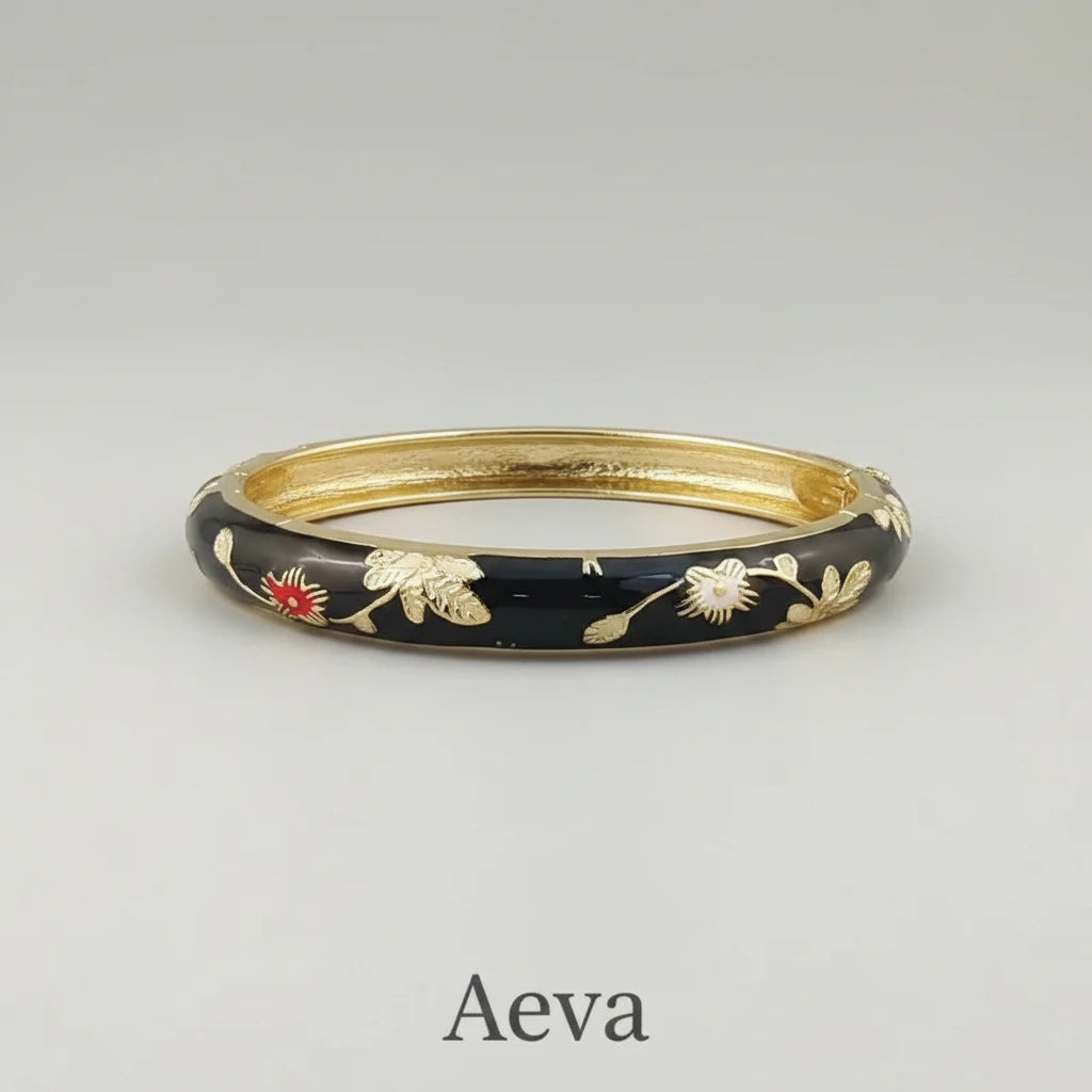 Bracelet Émail Cloisonné Femme – Double Jonc Pivoine, Style Vintage Ethnique