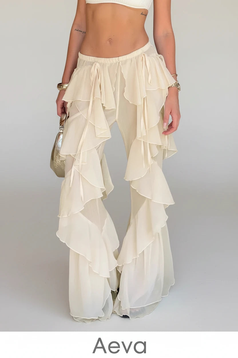 Pantalon Évasé Femme Y2K – Multicouches Transparent Patchwork