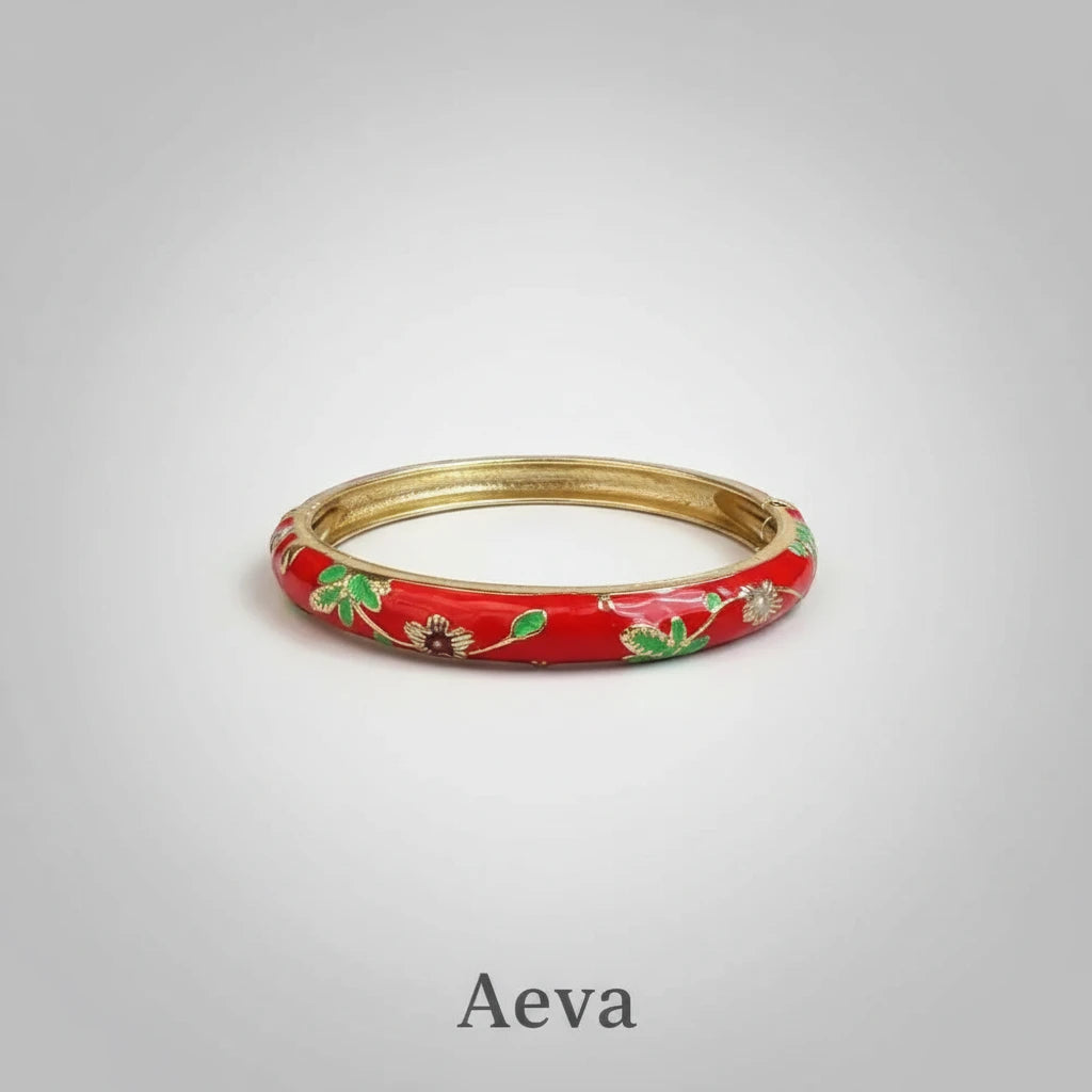 Bracelet Émail Cloisonné Femme – Double Jonc Pivoine, Style Vintage Ethnique