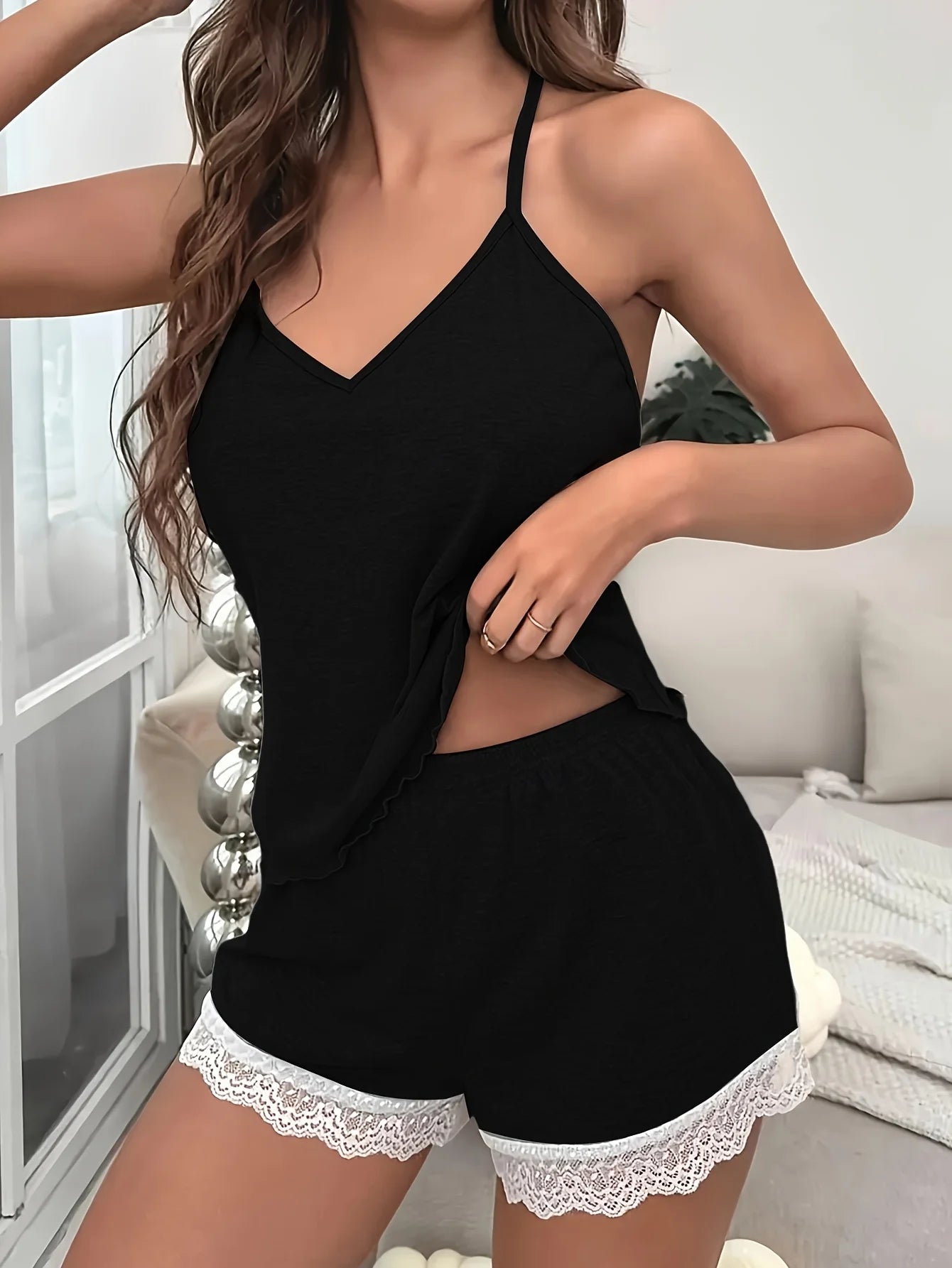 Ensembles pyjamas côtelé et dentelle sans manches