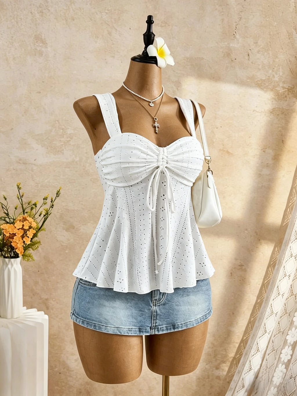 Haut Camisole Blanc en Dentelle à Œillets – Froncé & Nœud | Femme