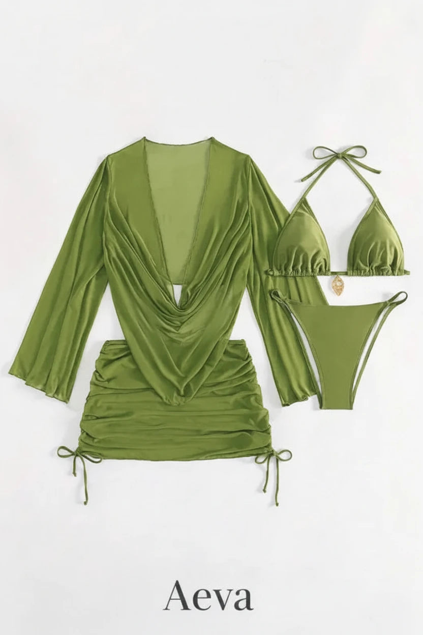 Ensemble Bikini 4 Pièces Femme – Maillot Taille Haute avec Paréo Transparent