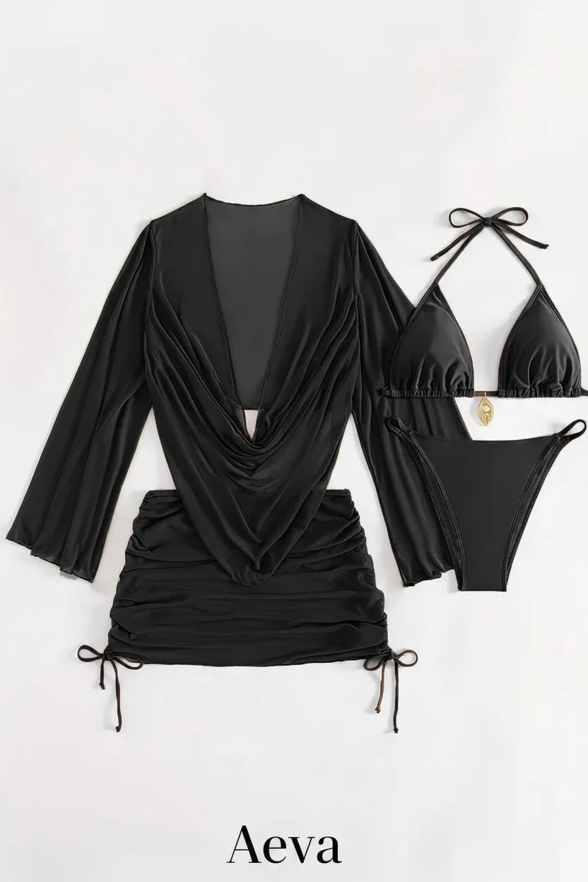 Ensemble Bikini 4 Pièces Femme – Maillot Taille Haute avec Paréo Transparent