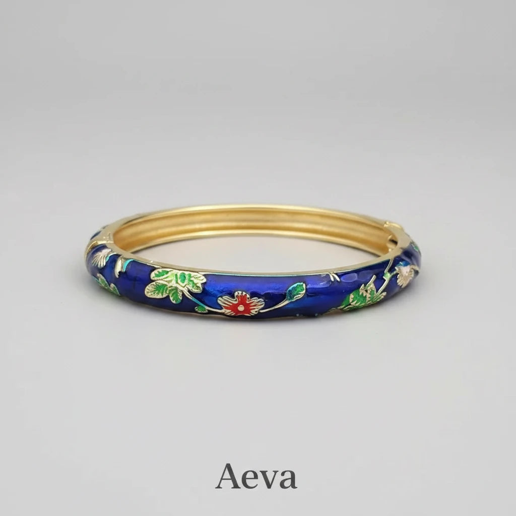 Bracelet Émail Cloisonné Femme – Double Jonc Pivoine, Style Vintage Ethnique