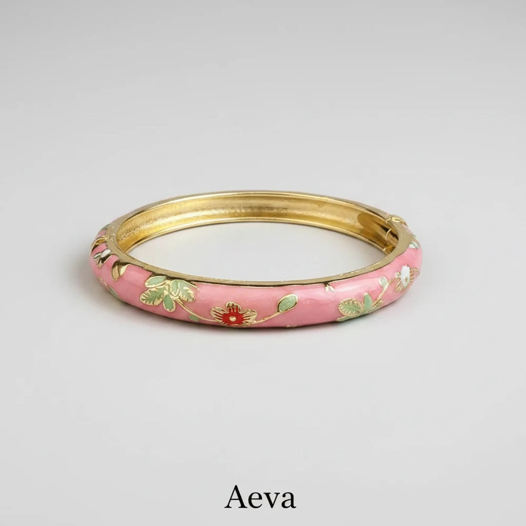Bracelet Émail Cloisonné Femme – Double Jonc Pivoine, Style Vintage Ethnique